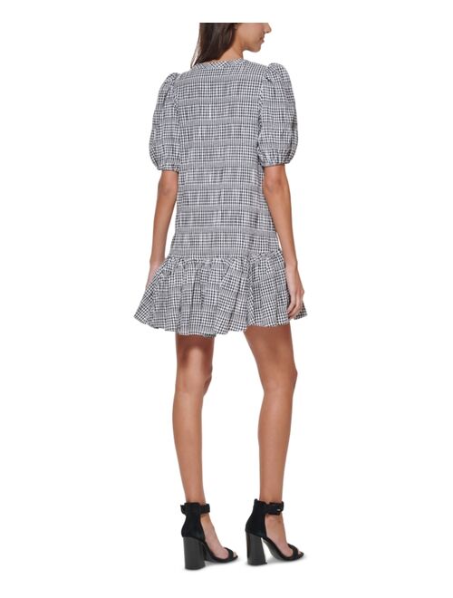 Calvin Klein Petite Puff-Sleeve Gingham A-Line Dress
