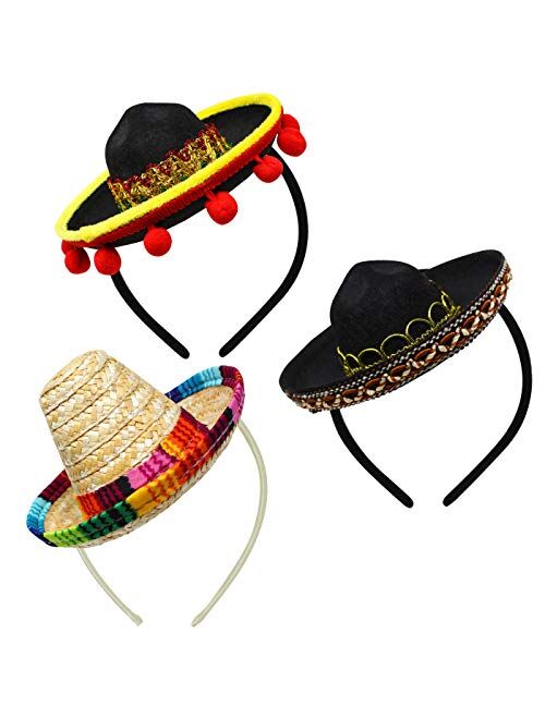 JOYIN 3 PCs Cinco De Mayo Fiesta Fabric and Straw Sombrero Headbands Party Costume for Fun Fiesta Hat Party Supplies, Luau Event Photo Props, Mexican Theme Decorations, D