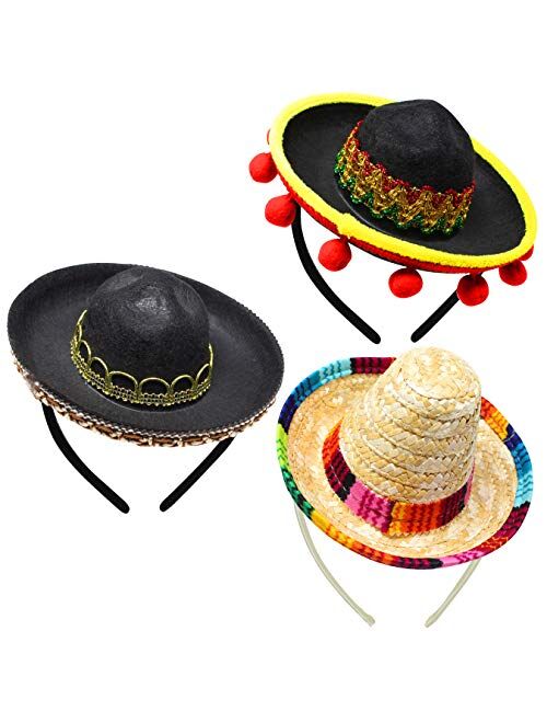 JOYIN 3 PCs Cinco De Mayo Fiesta Fabric and Straw Sombrero Headbands Party Costume for Fun Fiesta Hat Party Supplies, Luau Event Photo Props, Mexican Theme Decorations, D