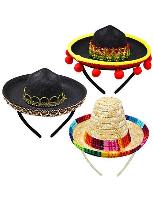 JOYIN 3 PCs Cinco De Mayo Fiesta Fabric and Straw Sombrero Headbands Party Costume for Fun Fiesta Hat Party Supplies, Luau Event Photo Props, Mexican Theme Decorations, D