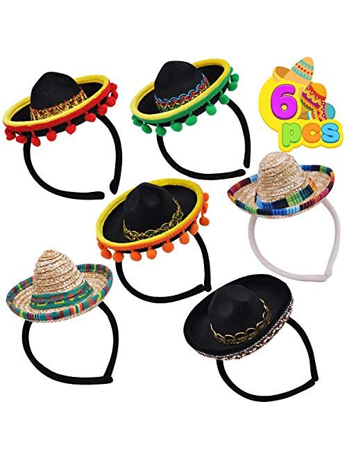JOYIN 6 PCS Cinco De Mayo Fiesta Fabric and Straw Sombrero Headbands Party Costume for Fun Fiesta Hat Party Supplies, Luau Event Photo Props, Mexican Theme Decorations, D