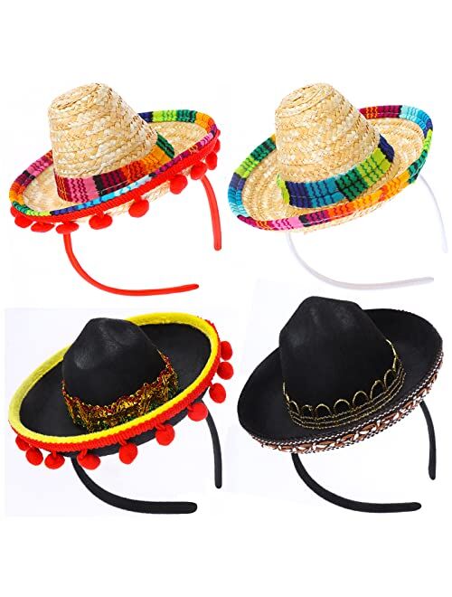 Kuscul 4Pcs Cinco De Mayo Fiesta Sombrero Headbands for Fiesta Taco Party Supplies, Mexican Theme Fiesta Fabric and Straw Sombrero Hats for Carnivals Festival, Dia De Mue
