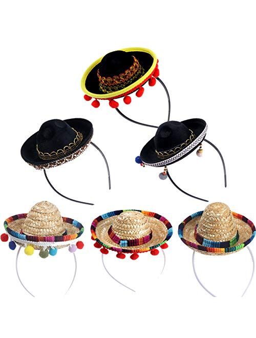 Vanproo 6 Pcs Cinco De Mayo Fiesta Fabric and Straw Sombrero Headbands Party Costume for Fun Fiesta Hat Party Supplies, Luau Event Photo Props, Mexican Theme Decor, Dia D