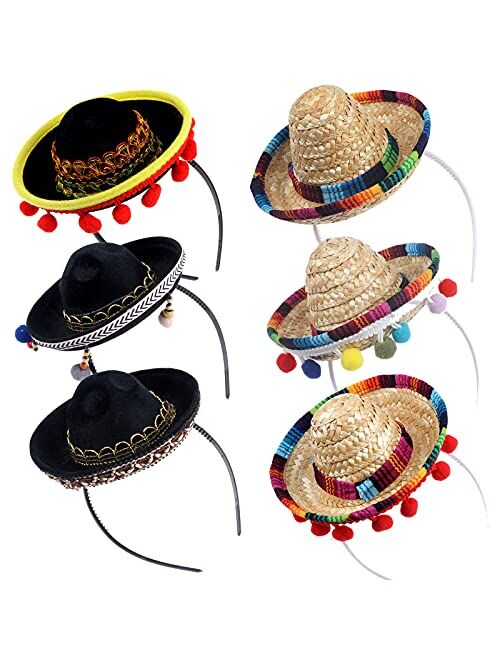 Vanproo 6 PCS Cinco De Mayo Fiesta Sombrero Headband Mexican Theme Hair Accessories for Fiesta Hat Halloween Party Supplies Mexican Theme Decorations Carnivals Festivals