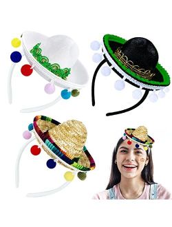 Camlinbo 3 Pack Mexican Fiesta Sombrero Hat Headbands Fabric Straw Sombrero Party Hat Costume Accessories for Taco Tuesday Mexican Fiesta Party Favor Supplies Luau Dia De