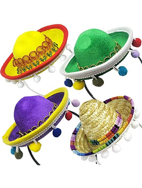 SHB 4 PCS Cinco De Mayo Sombrero Headband Hat - Mini Sombrero Party Hats for Fiesta Carnival Festivals Mexican Theme Decorations