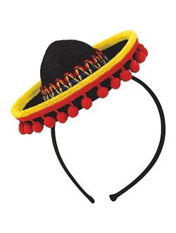 amscan Cinco De Mayo Fiesta Party Black Spanish Hat with Red Ball Fringe Headband Accessories, Plastic, 8" x 6"