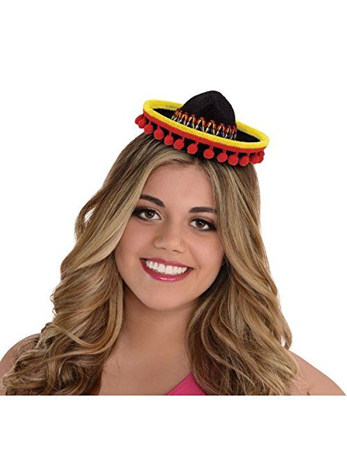 amscan Cinco De Mayo Fiesta Party Black Spanish Hat with Red Ball Fringe Headband Accessories, Plastic, 8" x 6"