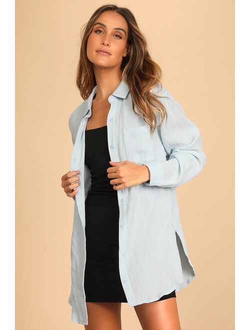 Lulus Easy To See Light Blue Oversized Button-Up Top