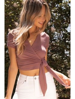 Try Me Out Mauve Purple Ribbed Short Sleeve Wrap Top