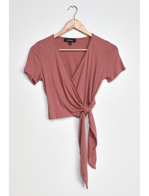 Lulus Try Me Out Mauve Purple Ribbed Short Sleeve Wrap Top