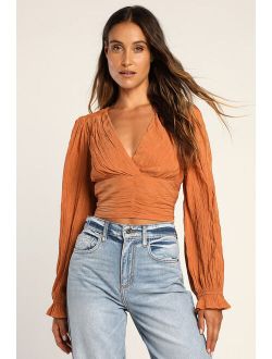 Bring the Pleat Rust Brown Pleated Long Sleeve Top