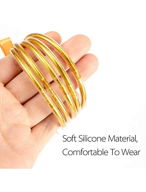 Alphatool 10 Pack Gold and Sliver Glitter Filled Party Bangles- Bowknot Glitter Filled Jelly Silicone Bangle Bracelet Lightweight Cute Fashion Bangles 5 Gold 5 Sliver Bes