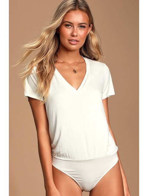 Lulus Basics Adyn White V-Neck T-Shirt Bodysuit
