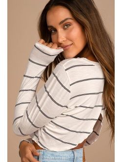 Coolest Ever Ivory and Black Striped Long Sleeve Crop Top