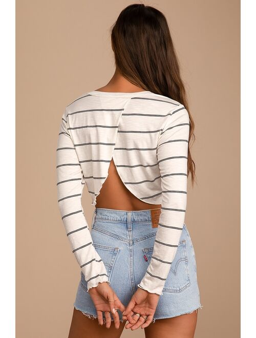 Lulus Coolest Ever Ivory and Black Striped Long Sleeve Crop Top