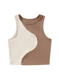 Women's Summer Ribbed Knit Sleeveless Vest Color Block Crop Tank Top