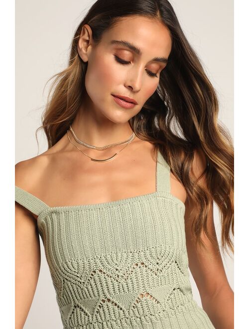 Lulus Point for Me Sage Green Pointelle Knit Tank Top
