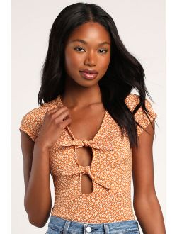 Summertime Lover Rust Orange Floral Print Tie-Front Bodysuit