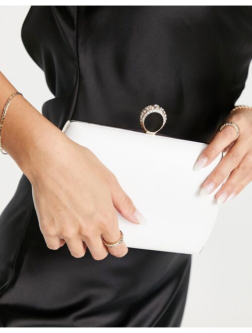True Decadence Exclusive hard case satin clutch bag with gem twist lock detail in white