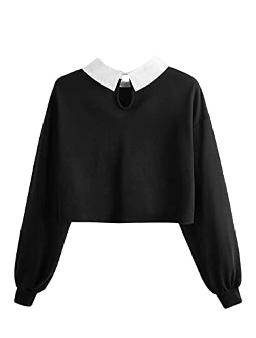 SweatyRocks Women's Casual Color Block Crop Tee Top Collar Long Sleeve Tee Shirt