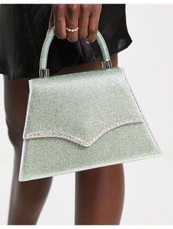 mesh mini grab bag in green iridescent with rhinestone handle