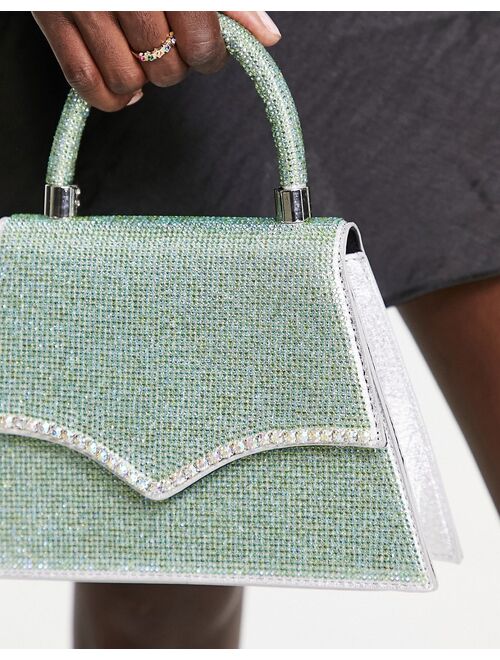 True Decadence mesh mini grab bag in green iridescent with rhinestone handle