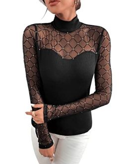 Women's Rhinestone Sheer Mesh Long Sleeve Top Mock Neck Blouse Elegant Tee Shirt for Womens