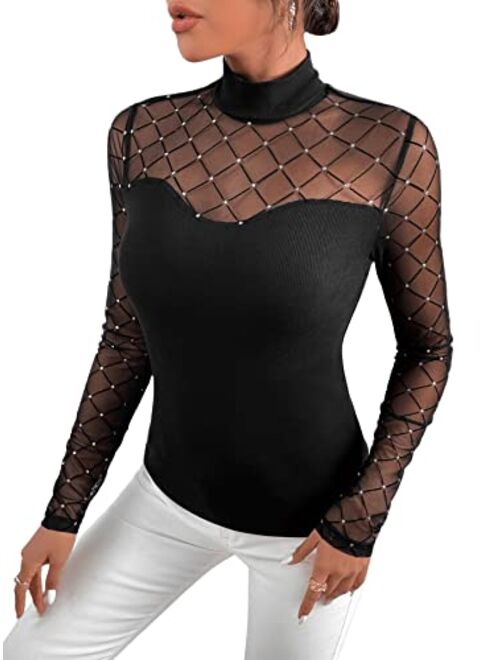 SweatyRocks Women's Rhinestone Sheer Mesh Long Sleeve Top Mock Neck Blouse Elegant Tee Shirt for Womens