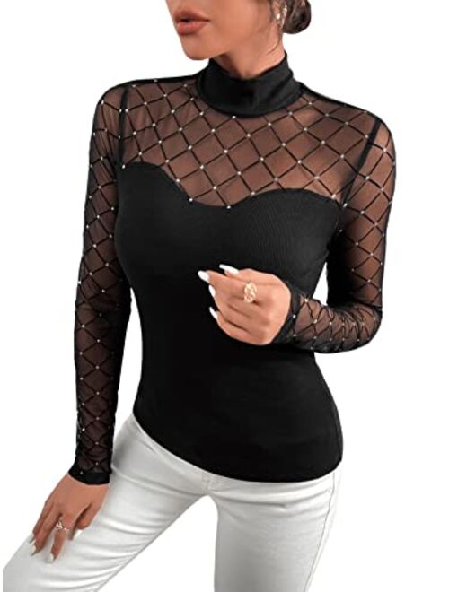 SweatyRocks Women's Rhinestone Sheer Mesh Long Sleeve Top Mock Neck Blouse Elegant Tee Shirt for Womens