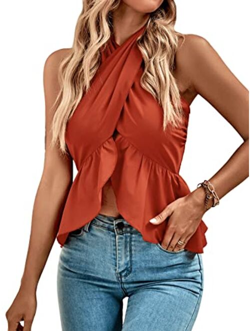 SweatyRocks Women's Casual Backless Halter Top Ruffle Hem Solid Wrap Tank Tops
