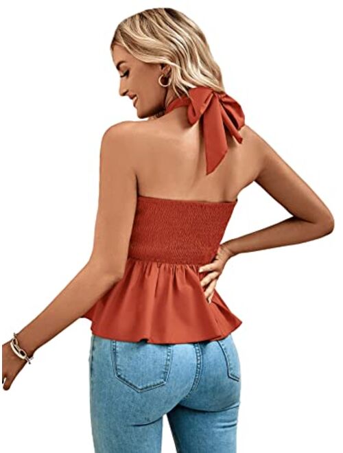 SweatyRocks Women's Casual Backless Halter Top Ruffle Hem Solid Wrap Tank Tops
