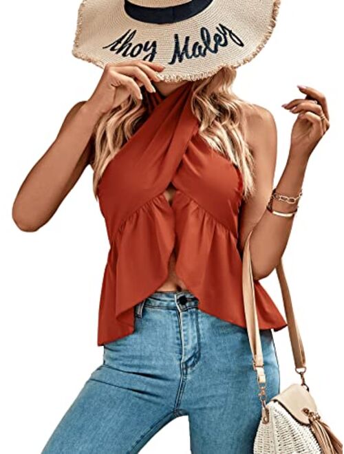 SweatyRocks Women's Casual Backless Halter Top Ruffle Hem Solid Wrap Tank Tops