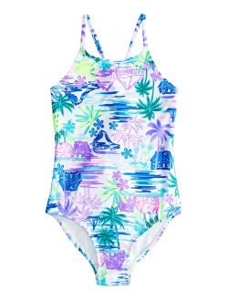 BREAKING WAVES Big Girls Tropical-Print Lace-Up Back Swimsuit