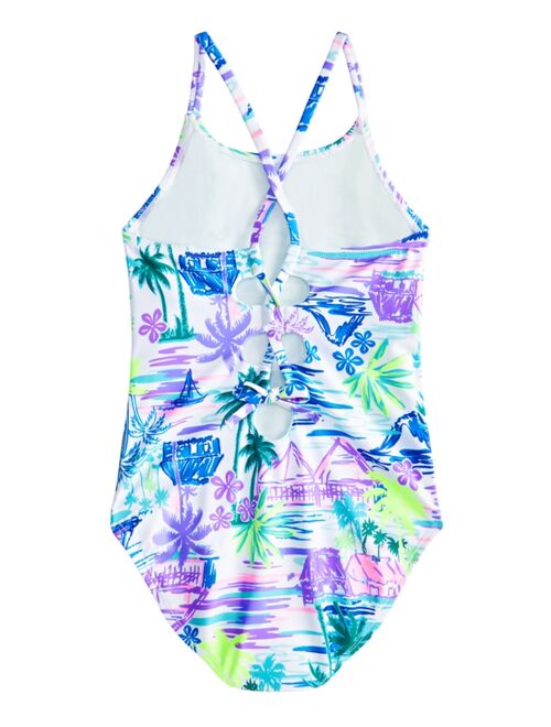 BREAKING WAVES Big Girls Tropical-Print Lace-Up Back Swimsuit