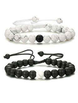 Thunaraz 2 Pcs Distance Bracelets His and Hers Relationship Couple Bracelet Onyx/White Stone Braided Rope