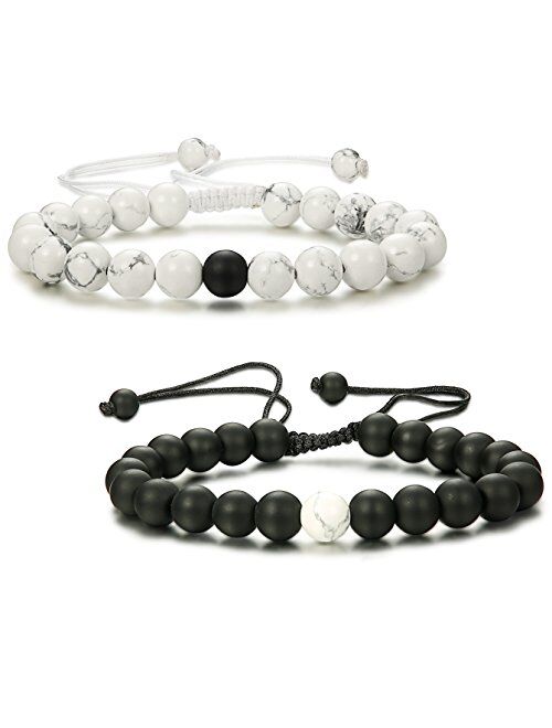 Thunaraz 2 Pcs Distance Bracelets His and Hers Relationship Couple Bracelet Onyx/White Stone Braided Rope