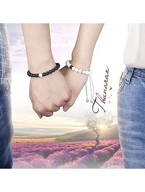 Thunaraz 2 Pcs Distance Bracelets His and Hers Relationship Couple Bracelet Onyx/White Stone Braided Rope