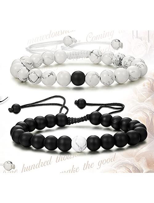 Thunaraz 2 Pcs Distance Bracelets His and Hers Relationship Couple Bracelet Onyx/White Stone Braided Rope