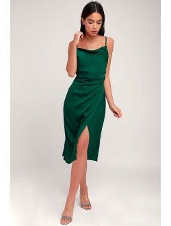 Hollywood Woman Forest Green Satin Midi Dress
