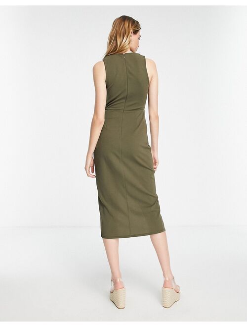 ASOS DESIGN fitted midi dress with tuck detail in khaki