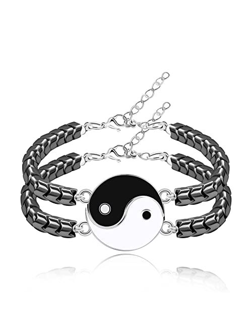 Generic 2 Yin Yang Bracelets Set for Couples - His and Hers Hematite Beads Bracelets for Men Women with Extended Stainless Steel Chain, Matching Puzzle Yinyang Bracelets 