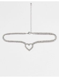 crystal heart choker necklace in silver