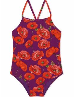 Kids poppy-print crossover strap swimsuit