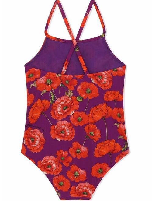 Dolce & Gabbana Kids poppy-print crossover strap swimsuit