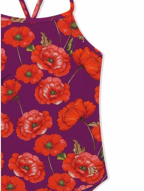 Dolce & Gabbana Kids poppy-print crossover strap swimsuit