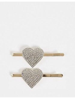 True Decadence 2-pack rhinestone heart hair clips in gold
