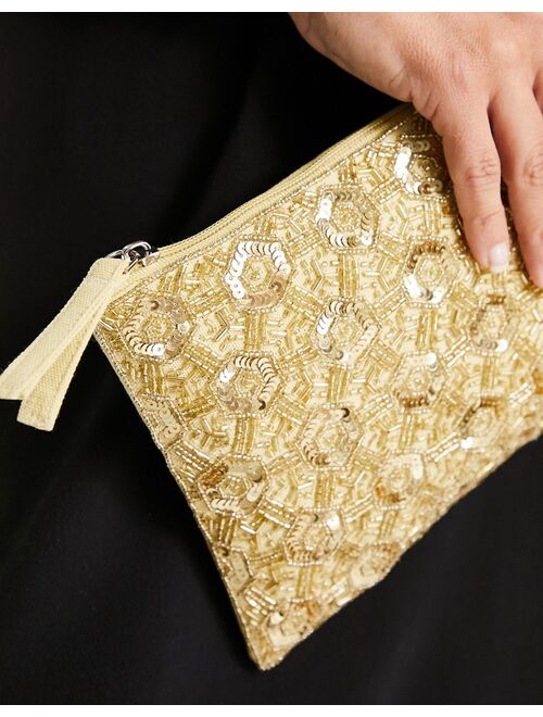 True Decadence zip top embellished clutch bag in geometric gold beading