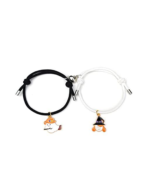 Caiyao 2Pcs Magnetic Love Heart Couple Matching Bracelet Set Adjustable Braide Rope Halloween Mummy Ghost Pumpkin Hat Wizard Bracelet for Boyfriend Girlfriend Lover Frien