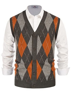 Men's Sweater Vest Cardigan Button Front Knitwear Contrast Color Argyle Sweater Vest